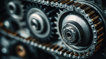 Close-up shows chain, gears, and metal components of a complex machine. Perfect for engineering, mechanics, or industrial themed designs.