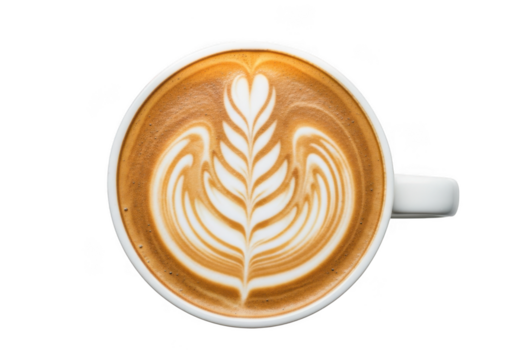 Latte art coffee cup top view isolated on transparent background
