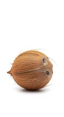 Brown coconut lies on a white background in full view, showing its hairy husk and three eyes on one side, perfect for tropical themes, health foods, and exotic drinks or dishes .