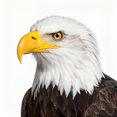 Majestic bald eagle portrait exhibiting keen gaze and regal bearing on white background