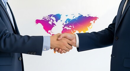 Two businessmen shaking hands with colorful world map background isolated on white background