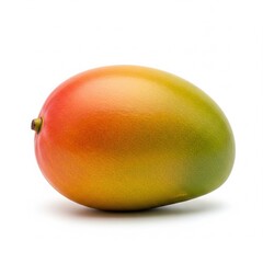 A vibrant, ripe mango fruit displaying a gradient of colors from red to orange, yellow, and green, positioned against a clean, white background showcasing its smooth skin and natural texture .
