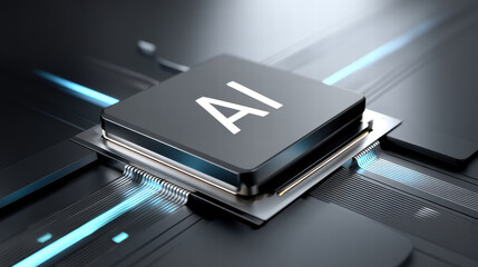 Blue light spreading from chip core creates futuristic atmosphere with glowing lines and advanced technology concept