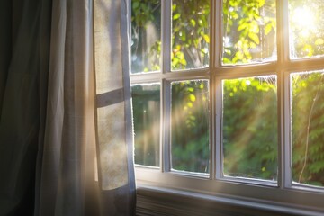 Fototapeta premium A sunlit window featuring a sheer curtain and a view of the vibrant outdoors