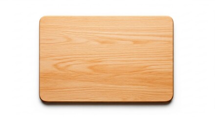 A top-down studio shot of a wooden cutting board with rounded corners, showcasing natural wood grain and a warm color palette, creating a simple and inviting visual