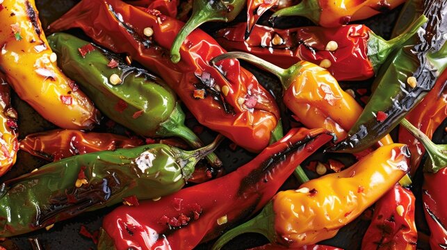 A vibrant medley of grilled shio peppers sweet peppers and y serrano peppers.