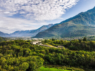 Aerial nature landscape near Colico village in Lake Como Italian Alps mountains in Lombardy