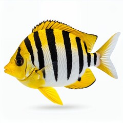 Striking yellow and black striped fish swimming gracefully in studio shot on white background