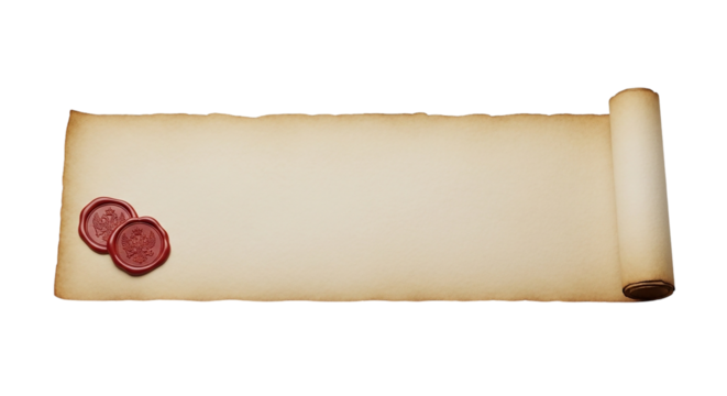Ancient Scroll Parchment Document with Red Wax Seals Storytelling Medieval Manuscript History on transparent background