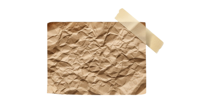 Crumpled Paper Texture with Tape Mockup on Transparent Background Brown Craft Page Vintage Scrapbook Template Wrinkled