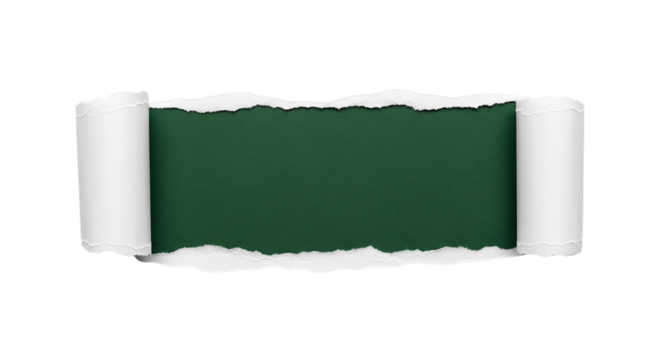 Ripped paper white edge and black background with deep green paper underneath Torn edges paper on transparent background