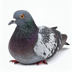 Captivating portrait of a pigeon with vibrant plumage, showing details on white background
