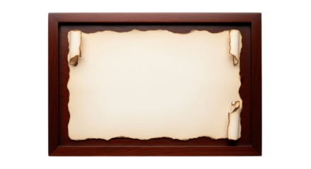 Antique Parchment Scroll with Burnt Edges in Classic Wooden Frame Historical Document on transparent background