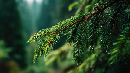 Pine branch detail with raindrops in soft, natural, green forest light. Use for backgrounds, seasonal greetings, and ecological projects.