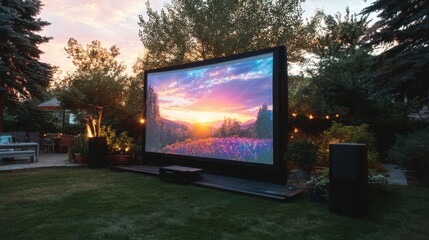 Fototapeta premium Outdoor home theater setup with large projector screen in garden at sunset