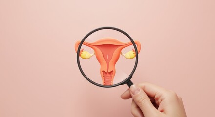 Magnifying glass over a stylized uterus and ovaries on a pink background, symbolizing reproductive health and medical examination