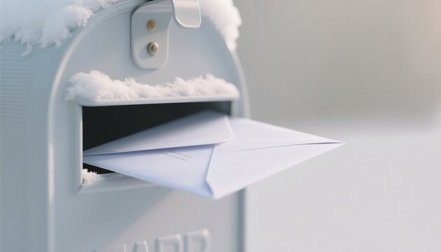Snow-covered mailbox with letters peeking out in winter scenery - Powered by Adobe