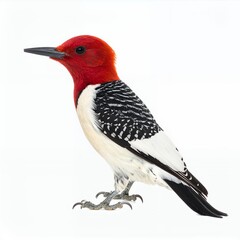 Striking woodpecker portrait showcasing vibrant plumage and detail on white background