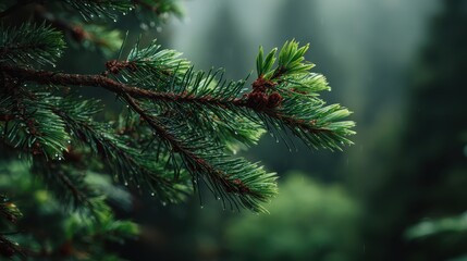 A pine branch with water droplets glistens in the soft forest light. Use it for nature, serenity, or a Christmas-themed presentation.