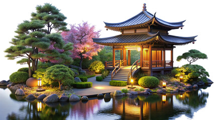 peaceful--illuminated-Asian-garden--isolated-on-a white background