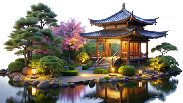 peaceful--illuminated-Asian-garden--isolated-on-a white background