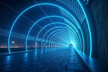 Futuristic Blue Neon Tunnel with Paved Walkway light PNG Transparent background