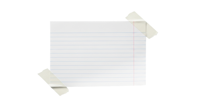 Blank Note Paper with Blue Lines and Masking Tape Edges Isolated on Black Backdrop Texture on transparent background