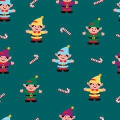 Seamless Christmas pattern with elves in different color costumes