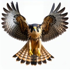 Majestic falcon soars with wings outstretched, a striking aerial predator on white background