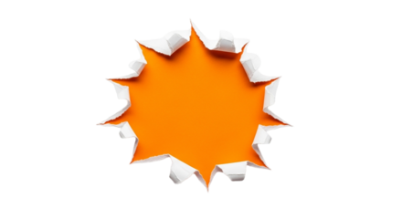 Ripped Paper Hole Reveal Vibrant Orange Explosion on Black Torn Texture Design Element on transparent background