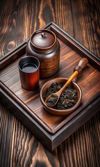 Still life of tea set with tea leaves on wooden tray and table