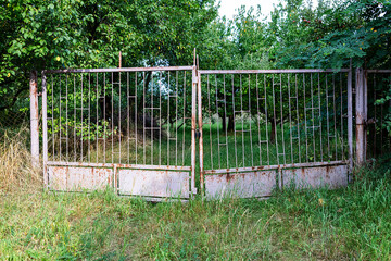 Rustic metal garden gate with mirrored fragments in green yard