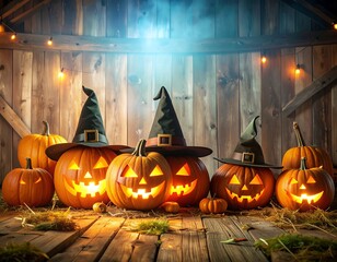 Jack-o'-lanterns in witch hats on a rustic wooden floor, lit by warm light and string lights