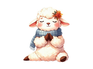 A lamb doing yoga, a sport in watercolor style, wearing a scarf for packaging, cards and graphic design. Vector.