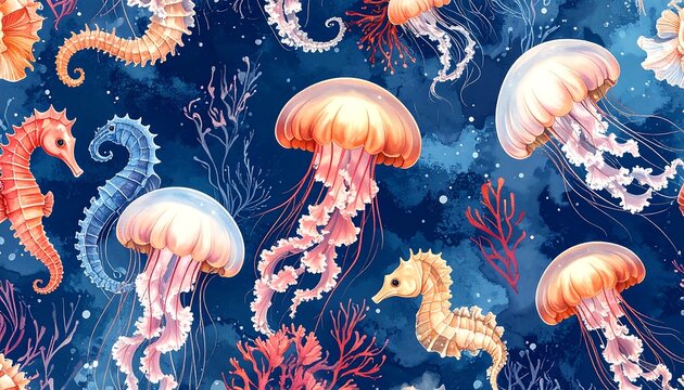 Watercolor underwater scene with seahorses and jellyfish
