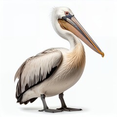 Portrait of a serene pelican showcasing its distinct features on white background