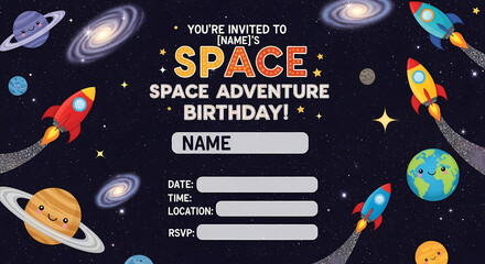 Space Adventure Birthday Party Invitation Customizable Rocket & Planet Theme