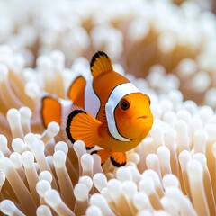 Vibrant clownfish nestled among delicate anemone tentacles capturing underwater grace on white background