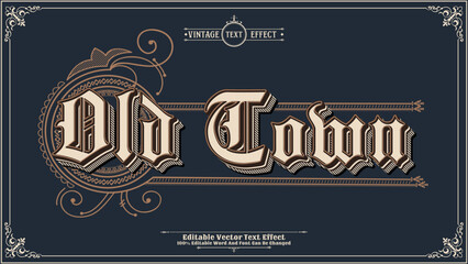 Old town vintage retro editable 3d vector text effect. Stylish old-fashioned authentic typography with vintage ornaments and border.