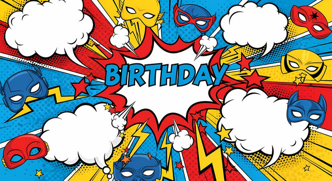 Dynamic Comic Book Style Birthday Celebration Background with Superhero Masks and Explosive Speech Bubbles for Festive Event Invitations