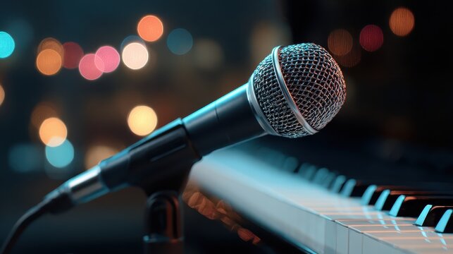 A microphone sits on a stand near piano keys, bokeh lights behind. Use for music related projects, concerts, performances, recording.