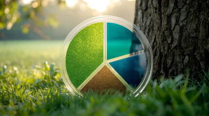 Elegant, three-dimensional pie chart that is partially transparent, showing different segments of a circle. The largest segment is a vibrant green, while the others are a deep blue and earthy brown