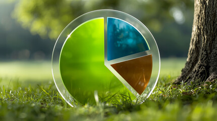 Elegant, three-dimensional pie chart that is partially transparent, showing different segments of a circle. The largest segment is a vibrant green, while the others are a deep blue and earthy brown