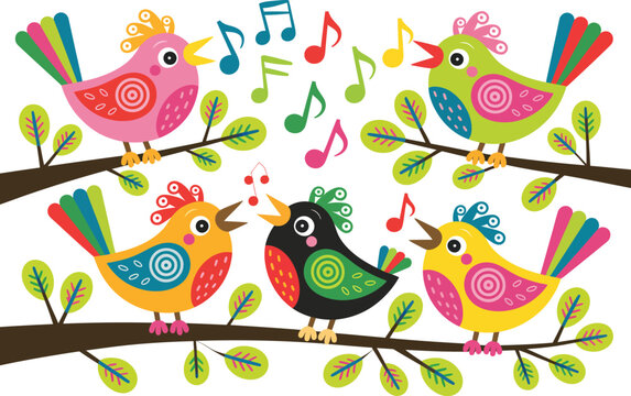 Joyful, colorful birds perched on branches singing cheerful melodies together.