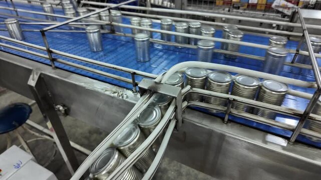 Several metal cans are lined up on a conveyor in a production facility. Workers in the background monitor the machinery's operation, ensuring a smooth flow of the manufacturing process.