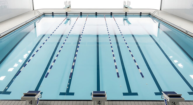 An indoor swimming pool, empty, with lane markers and starting blocks, ready for competition. - Powered by Adobe