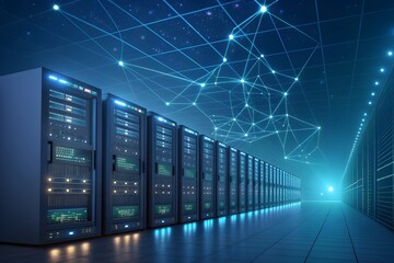 Server Racks In Data Center With Network Grid Overlay computers neon PNG Transparent background