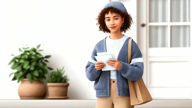 Postal worker scanning package barcode while breeze lifts mailbag strap