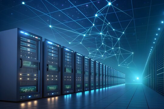 Server Racks In Data Center With Network Grid Overlay computers neon PNG Transparent background