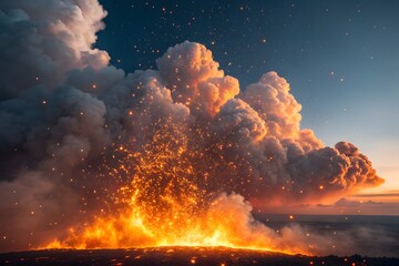 Volcanic Eruption with Lava and Ash Clouds Keywords: volcano, neon PNG Transparent background